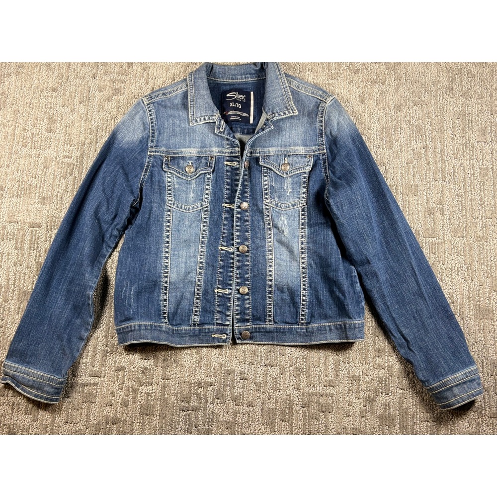 Silver Jeans Co Denim Jacket XL Blue Distressed Trucker SLJ2448X